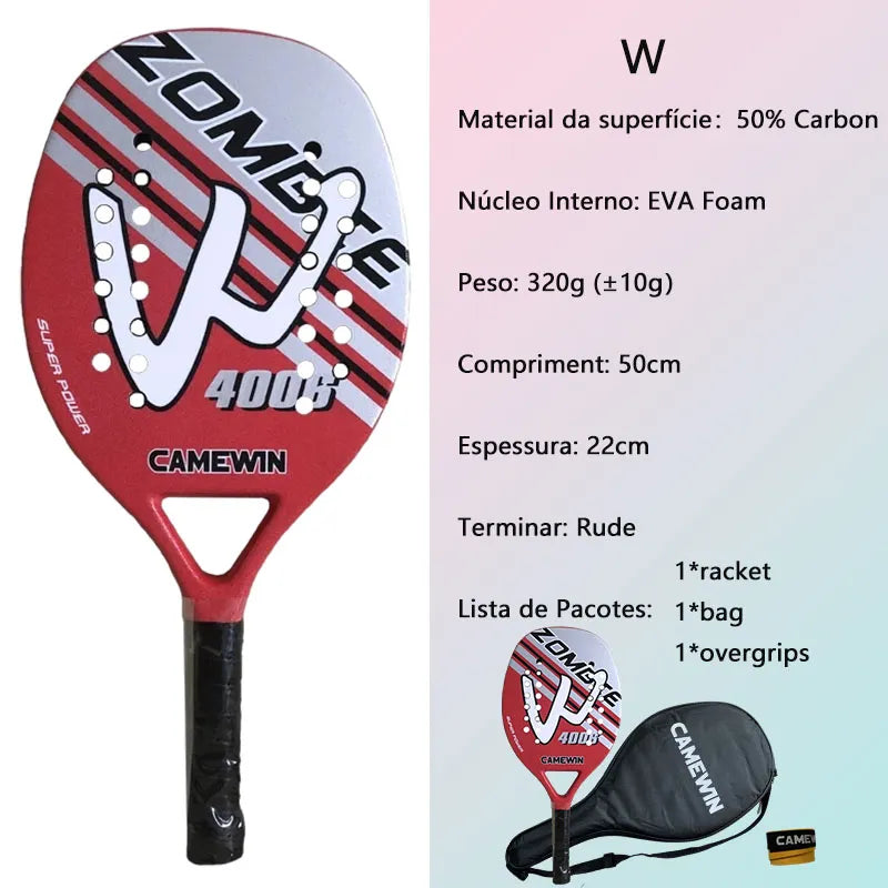 RAQUETE BEACH TENNIS CAMEWIN FIBRA DE CARBONO E VIDRO 3K